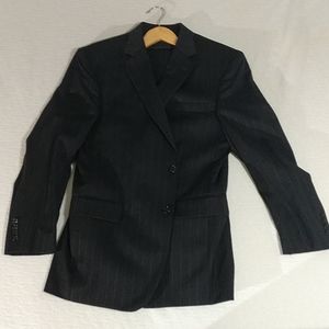 Black Striped suit. 41R jacket. 35/32 pant.